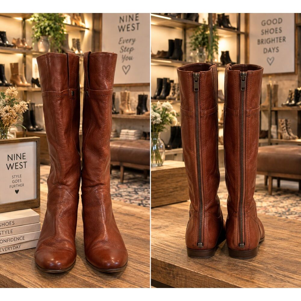 Nine West Watermelon Brown Leather Tall Riding Boots Back Zip Women Size 7.5